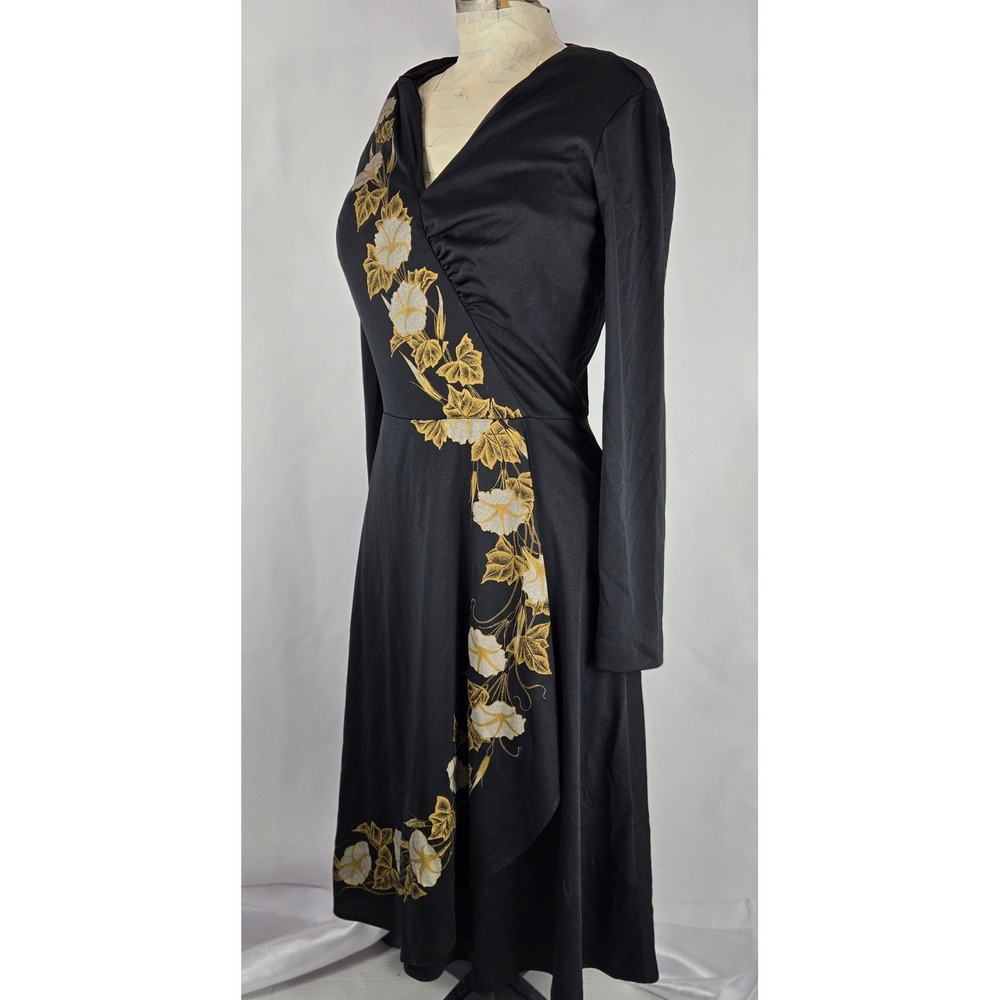 Alfred Shaheen Floral Dress Vintage Wrap Style Long Sleeve‎ Black 6 Made in USA